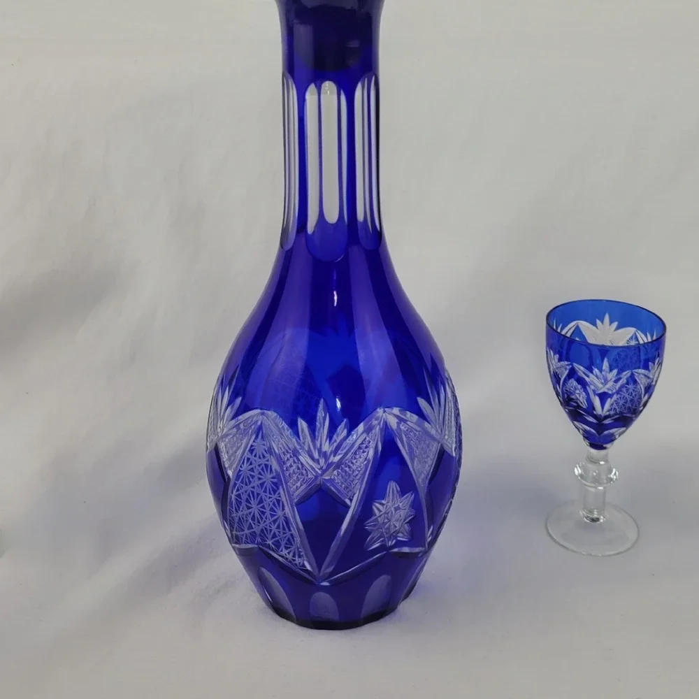 Vintage Bohemian Cobalt Blue Cut to Clear Crystal Decanter 5 Cordial Glasses Set